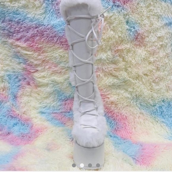 Demonia Camel 311 White Faux Fur Platform Boots - Picture 2 of 4